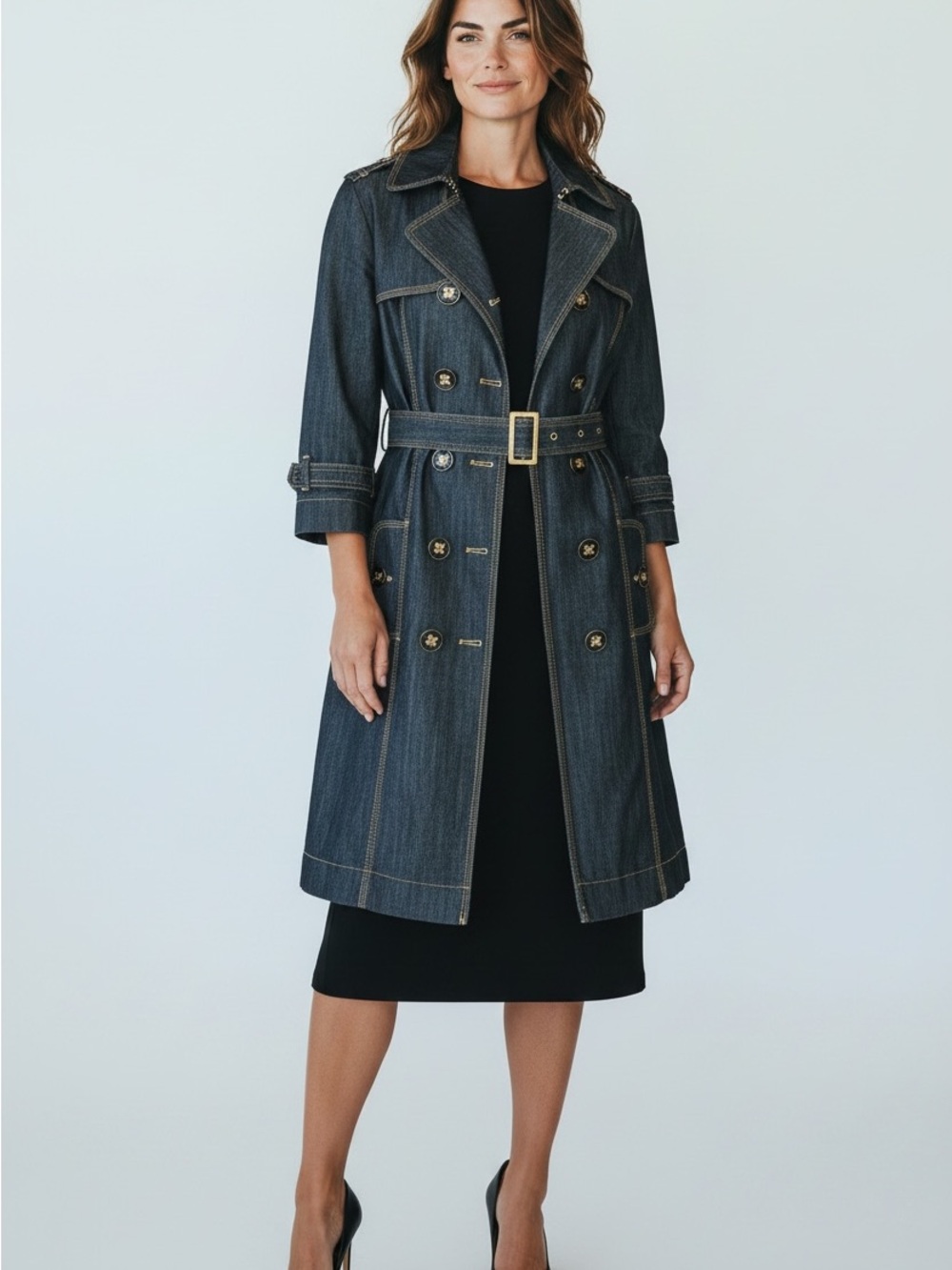 Baccini Dark Denim Double-Breasted Trench Coat with Belt